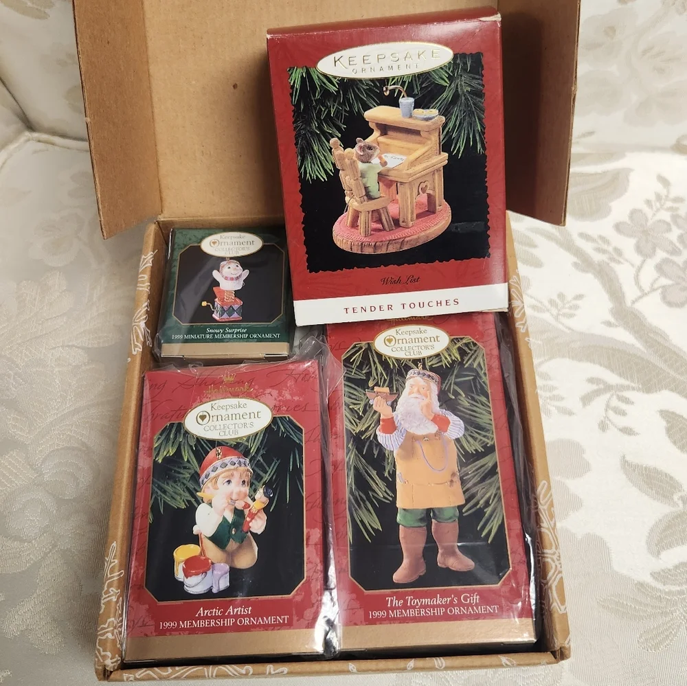 HALLMARK KEEPSAKE Lot OF 4 ORNAMENTS Toymakers Gift, Wish List, Snowy Surprise